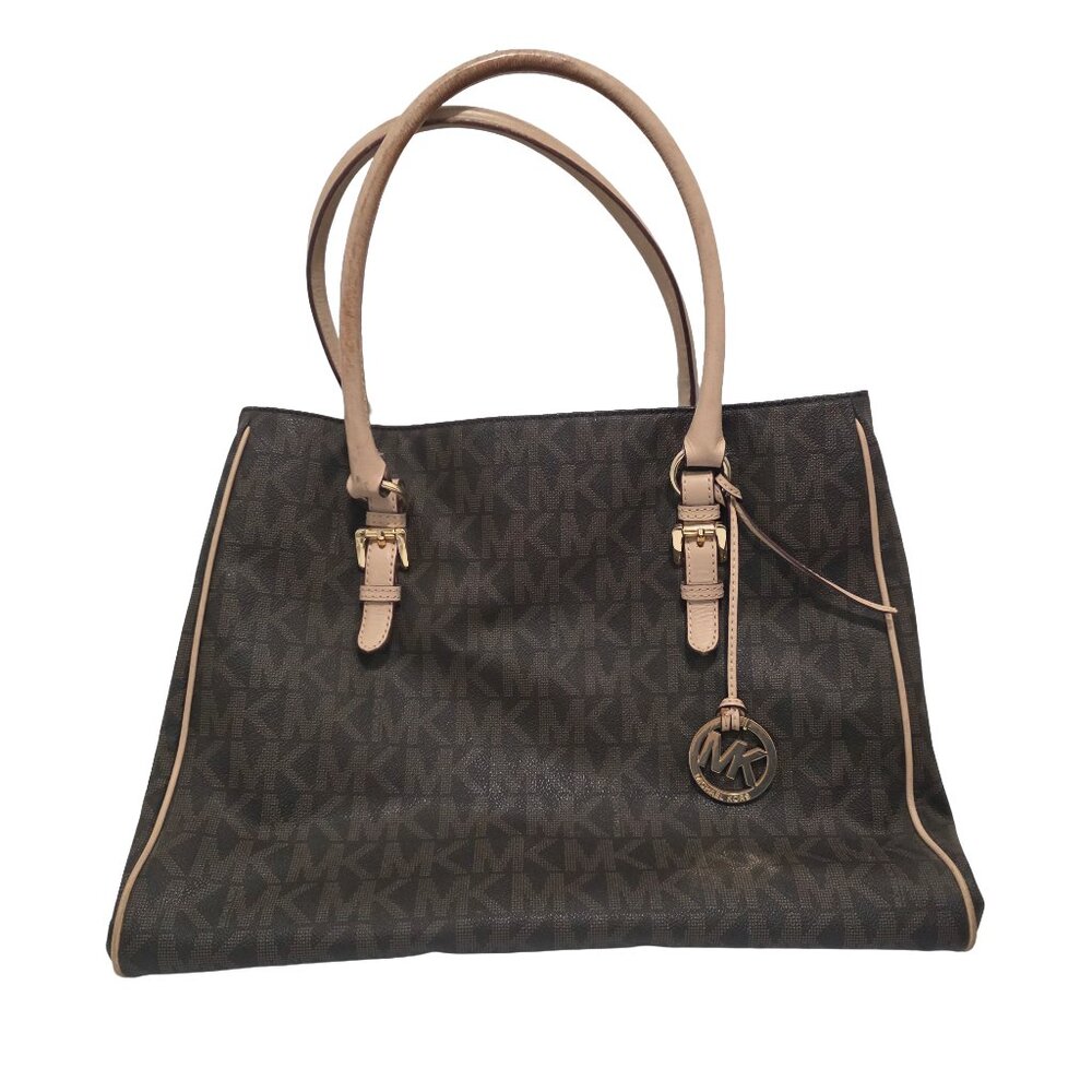 Michael Kors Brown MK Monogram Signature Jet Set Medium Work Tote Bag Purse